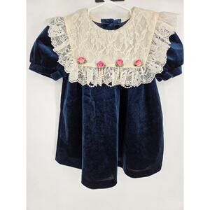 Vtg Evy Velvet Navy Blue Dress Bib Collar Rose Flowers Pearls USA 2T 3T